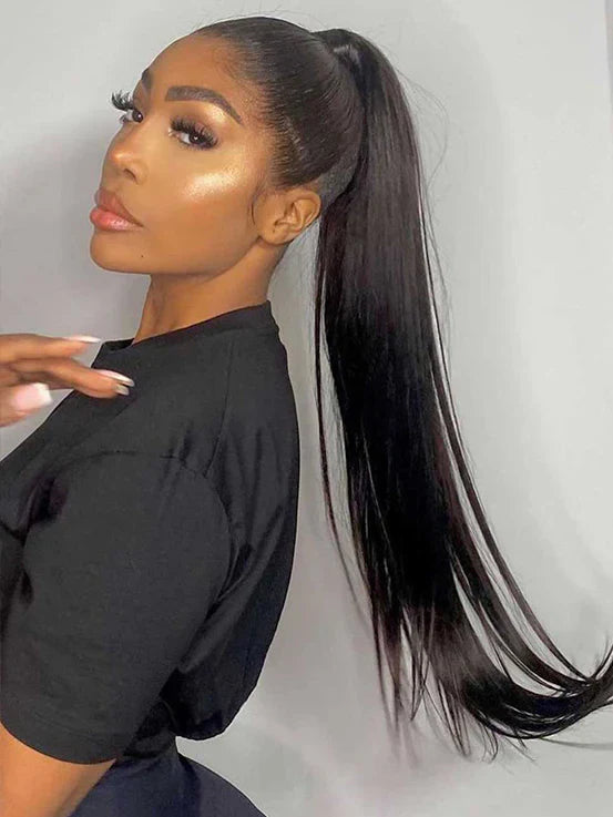 Real Human Hair Drawstring Ponytail Straight & Wavy Natural Black Wrap Around Magic Velcro Ponytail Extension Clip In