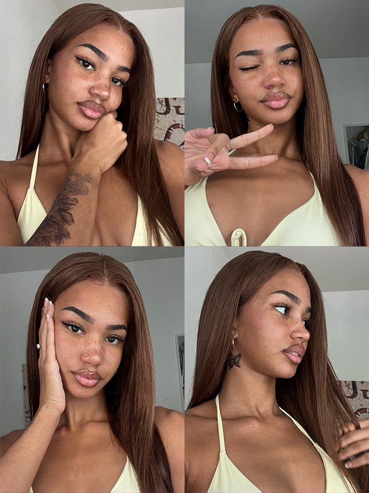 CurlyMe #4 Chocolate Brown Pre Cut Glueless Lace Straight Wear Go Wig