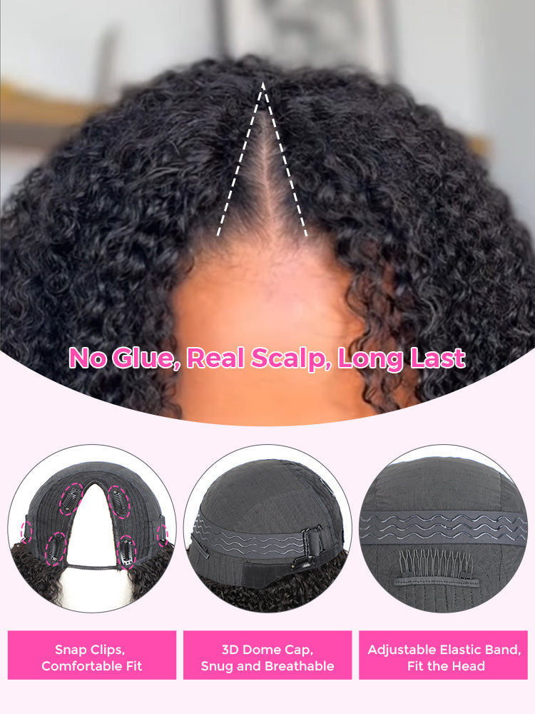 CurlyMe Water Wave V Part Wig Human Hair Glueless No Lace Wig Same as Thin Part