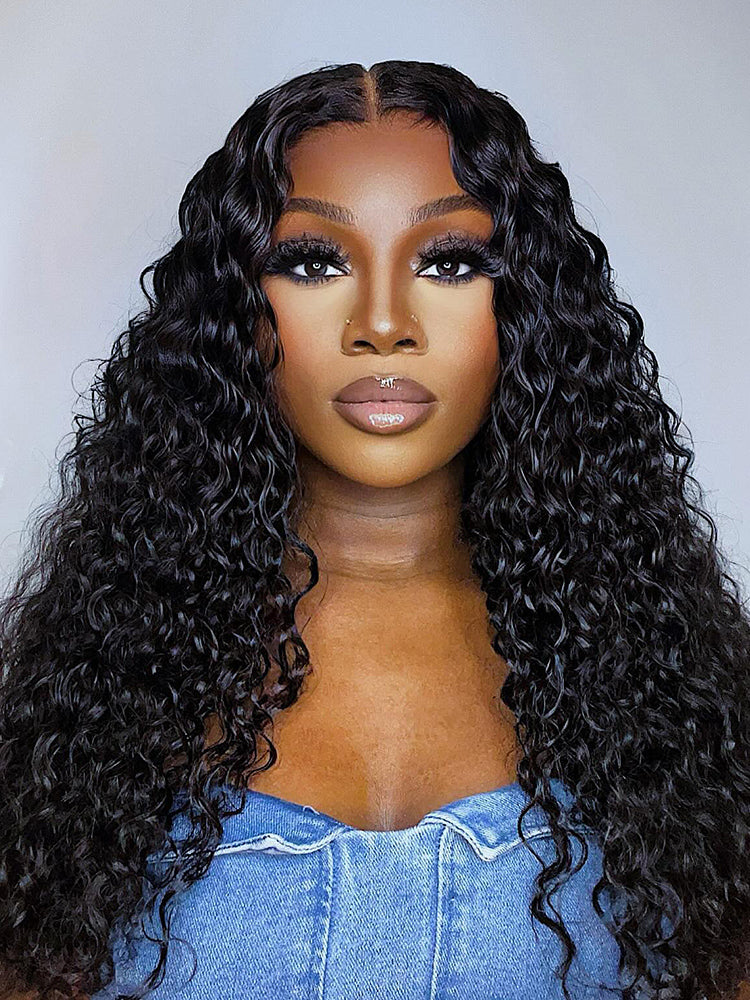 CurlyMe 360 Lace Fit Wear Go Pre-Bleached Water Wave Human Hair Glueless Wig Pre-Plucked