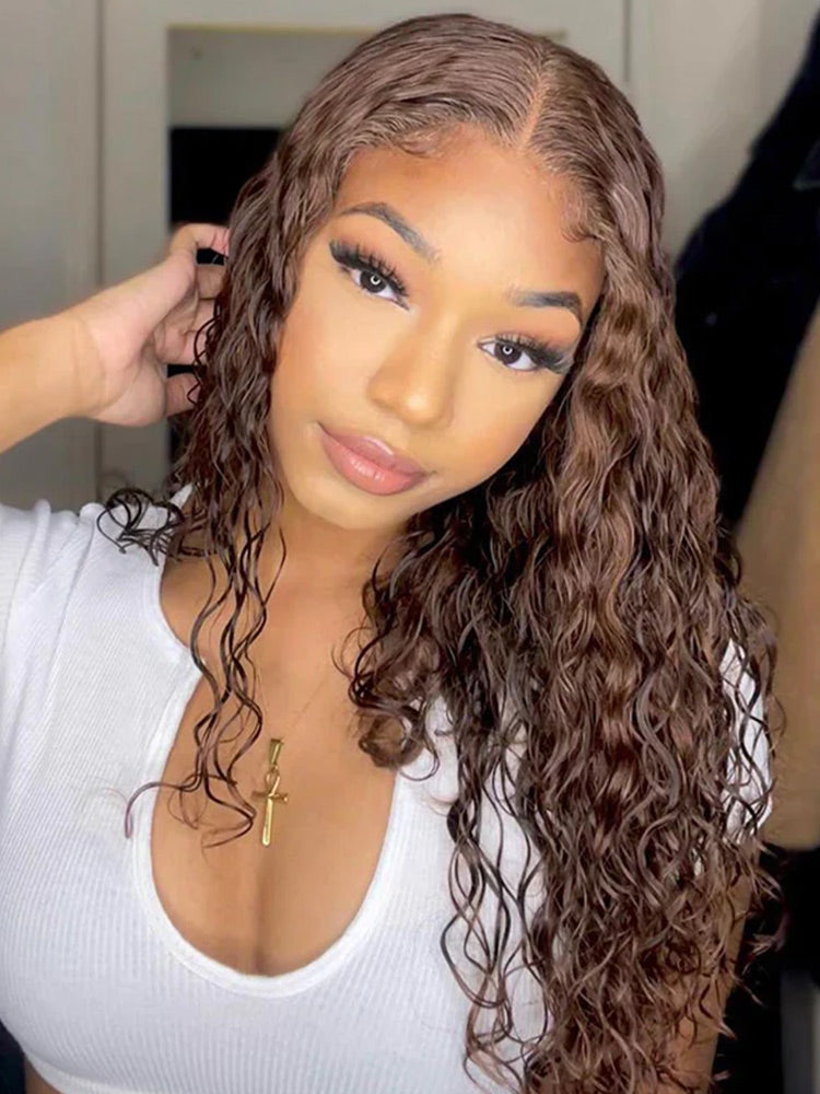 CurlyMe Mocha Mousse Color Pre Cut Glueless Lace Water Wave Wear Go Wig