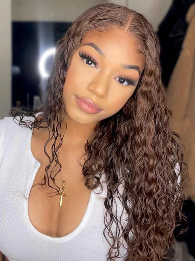 CurlyMe Mocha Mousse Color Pre Cut Glueless Lace Water Wave Wear Go Wig