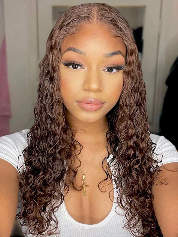 CurlyMe Mocha Mousse Color Pre Cut Glueless Lace Water Wave Wear Go Wig