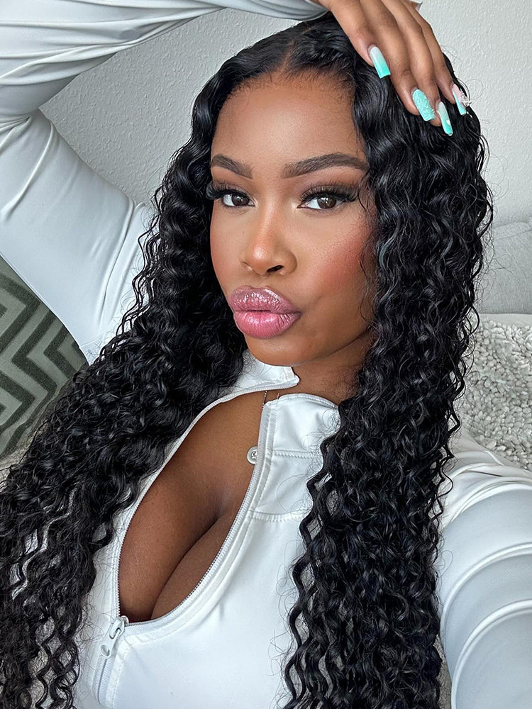CurlyMe 360 Lace Fit Wear Go Pre-Bleached Water Wave Human Hair Glueless Wig Pre-Plucked