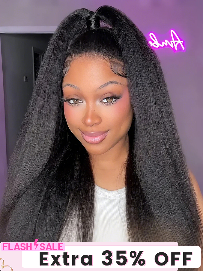 CurlyMe 360 Fit Wig Pre-Bleached Kinky Straight Human Hair Pre-Cut 360 Lace Wear Go Glueless Wig Pre-Plucked