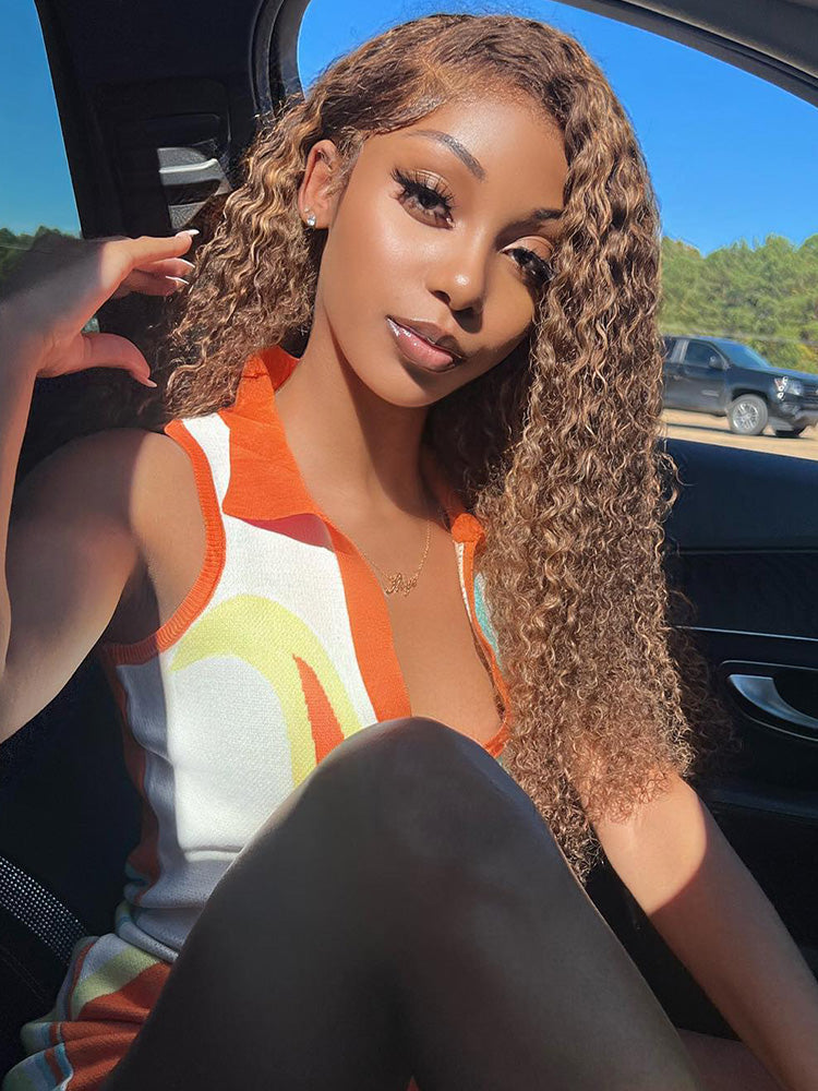 CurlyMe Pre-cut 9x6 Lace M-cap Wear Go Glueless Mini Knots Kinky Curly Hair Highlight Wig Pre-plucked