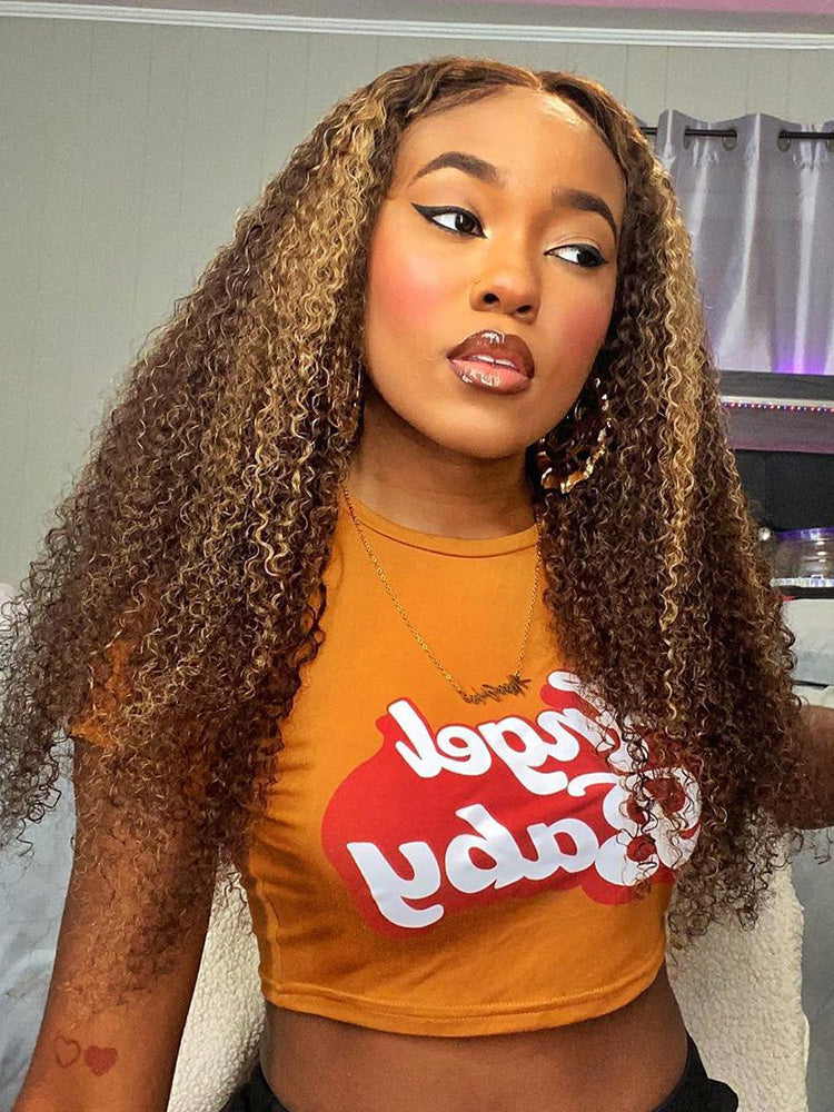 CurlyMe Pre-cut 9x6 Lace M-cap Wear Go Glueless Mini Knots Kinky Curly Hair Highlight Wig Pre-plucked