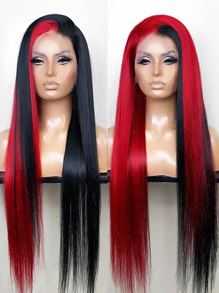 CurlyMe Highlight Split Dyed Hair Half Red Half Black Color Straight Lace Front Wigs