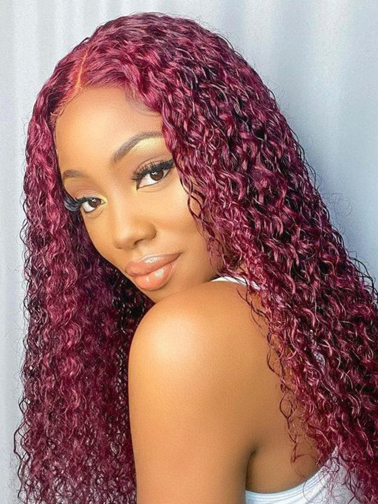 CurlyMe Pre-Plucked Wear Go Glueless 99J Burgundy Water Wave Hair Pre-cut Lace