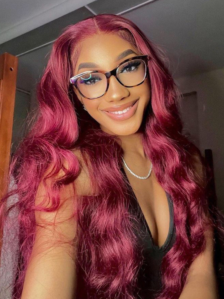 CurlyMe 99J Burgundy Color Body Wave Hair 13x4 Lace Front Wigs Pre Plucked Hairline