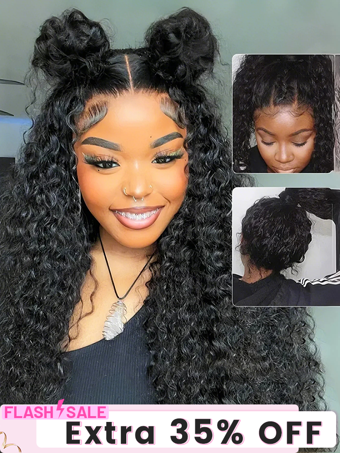 CurlyMe 360 Lace Fit Wear Go Pre-Bleached Water Wave Human Hair Glueless Wig Pre-Plucked