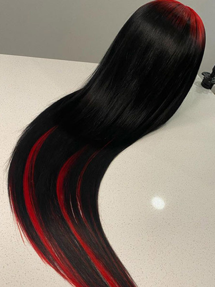 CurlyMe Natural Black Hair With Demon Red Top Lace Front Wigs Straight Human Hair