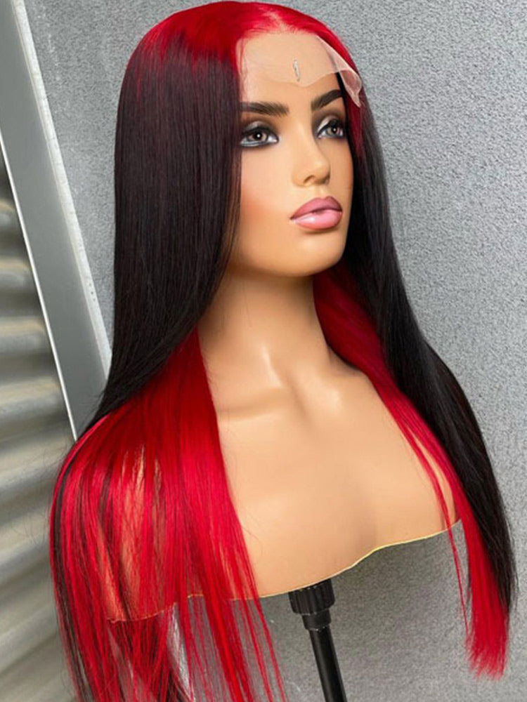CurlyMe Natural Black Hair With Demon Red Top Lace Front Wigs Straight Human Hair