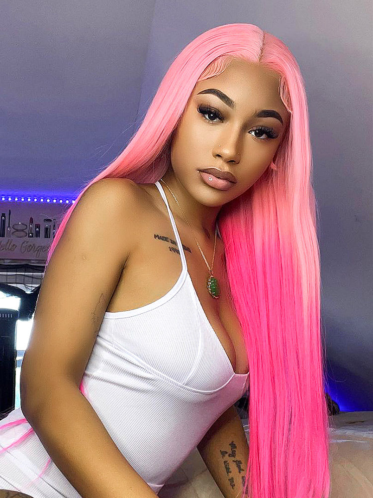 CurlyMe Highlights Honey Pink Color Straight Ombre Hair Transparent Lace Front Wigs Pre-plucked