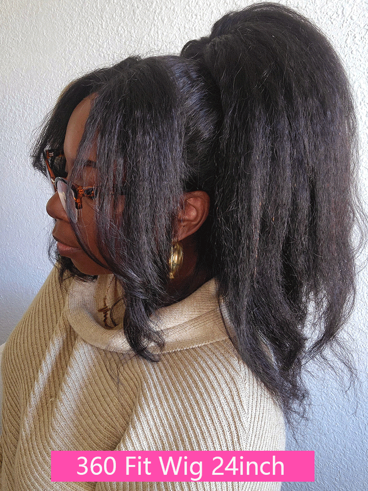 CurlyMe 360 Fit Wig Pre-Bleached Kinky Straight Human Hair Pre-Cut 360 Lace Wear Go Glueless Wig Pre-Plucked