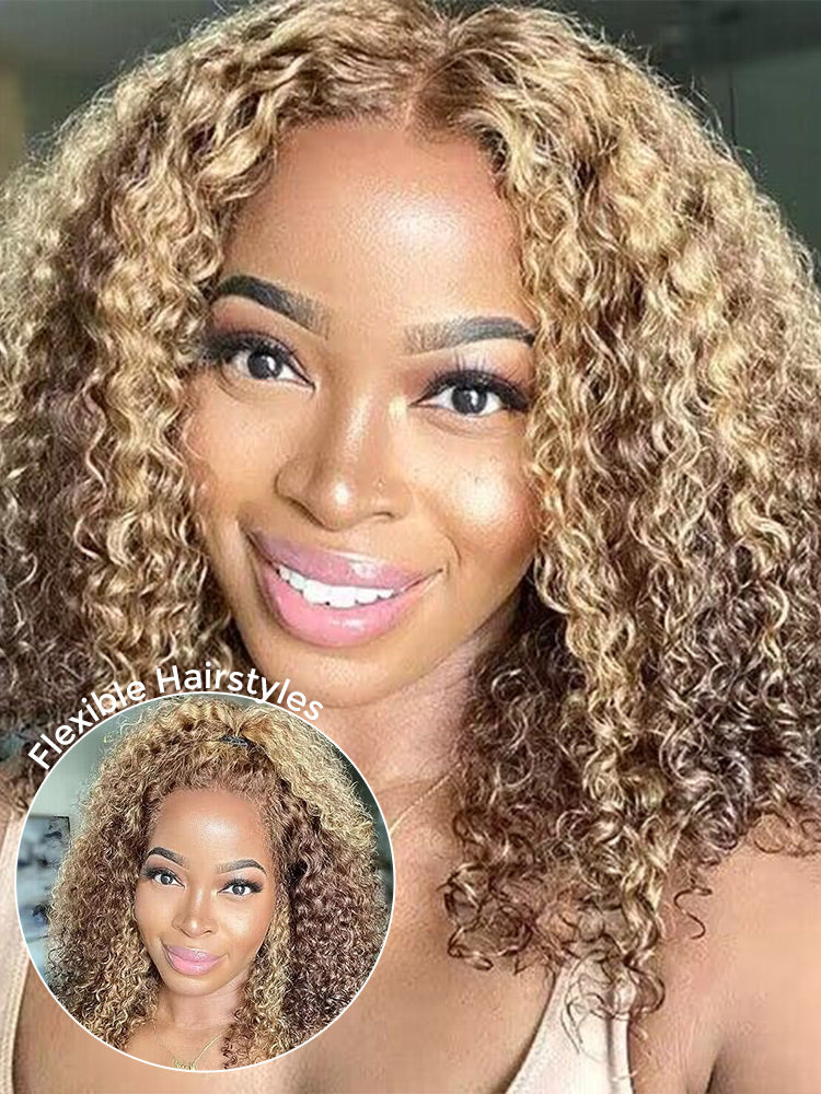 CurlyMe Highlights Ombre Kinky Curly Glueless Bob Wig Wear Go 6x4 Pre Cut HD Lace Wig
