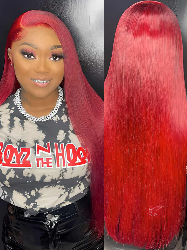 CurlyMe Bright Red Colored Straight Hair Lace Front Wigs Pre Plucked Hairline