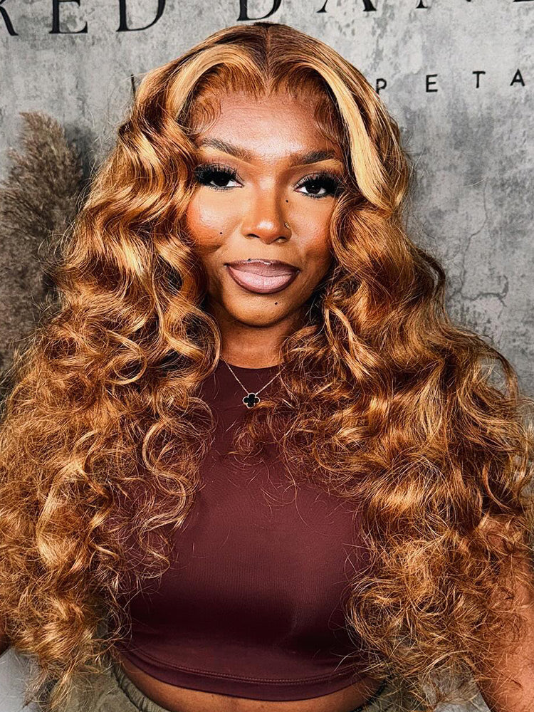 CurlyMe Highlights Ombre 7x5 Swiss Lace Wear Go Wand Curl Glueless Wigs Pre Cut Lace Wig
