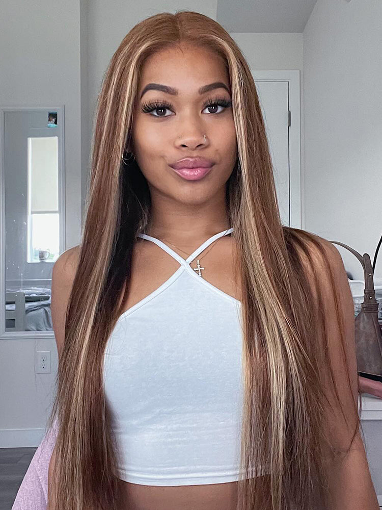 CurlyMe 360 Lace Wear Go Highlight Ombre Straight Human Hair Glueless Wigs Pre-Plucked Lace Front Wig