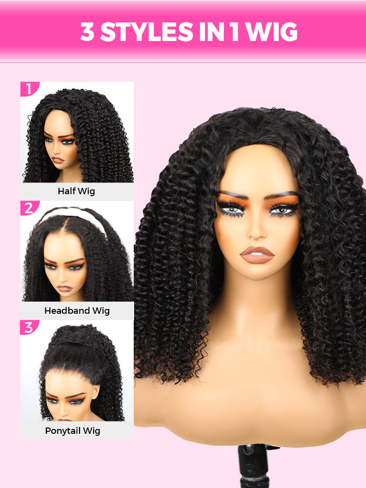 CurlyMe 3 In 1 Half Wig Water Wave Glueless Install Half Wig With Drawstring Beginner Friendly