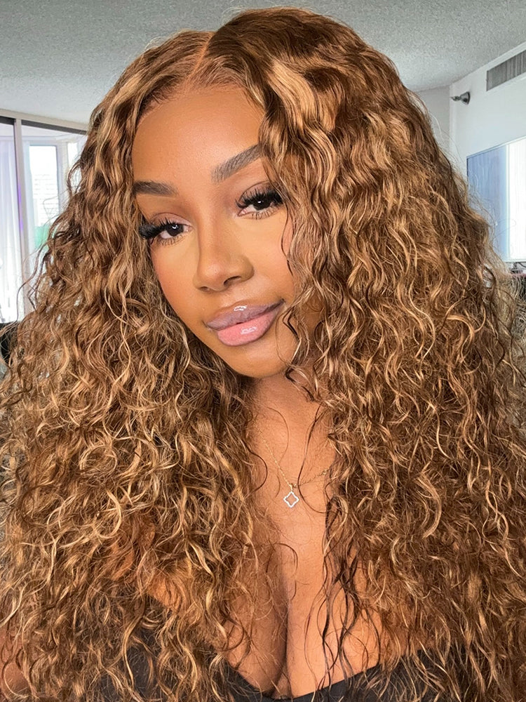 CurlyMe 360 Lace Wear Go Highlight Water Wave Hair Glueless Wigs Pre-Plucked Lace Front Wig