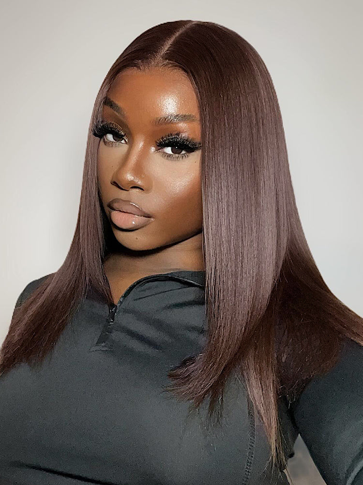 CurlyMe #4 Chocolate Brown Pre Cut Glueless Lace Straight Wear Go Wig