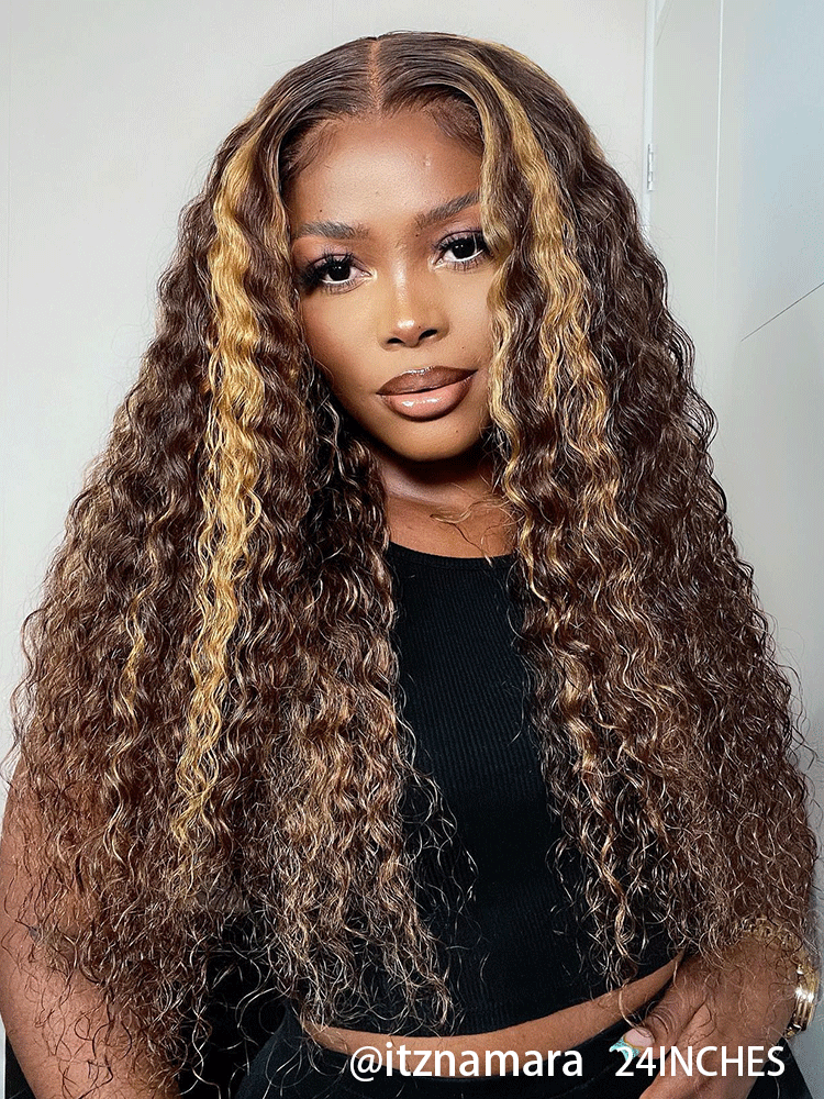 CurlyMe Pre-cut 9x6 Lace M-cap Wear Go Glueless Mini Knots Water Wave Highlight Wig Pre-plucked