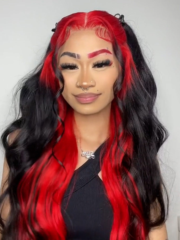 CurlyMe Natural Black Hair With Demon Red Top Lace Front Wigs Straight Human Hair