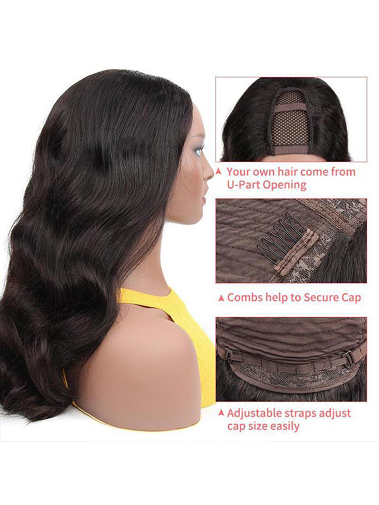 CurlyMe U part Wig 180% Density Body Wave Hair Glueless No Lace Human Hair Wigs