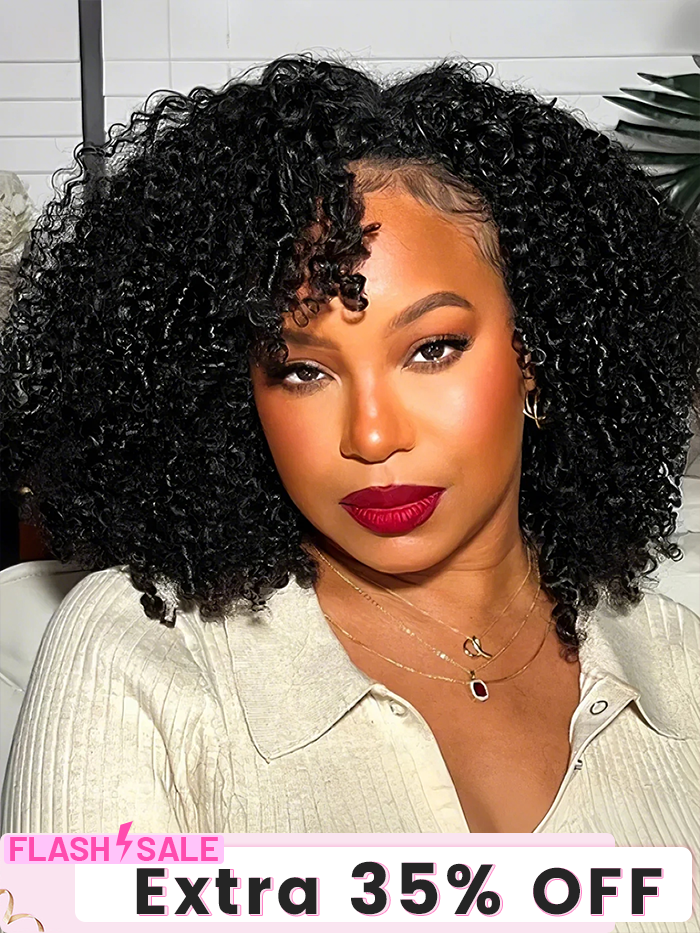 CurlyMe V Part Glueless No Leave Out Afro Kinky Curly Human Hair Wig Pre-plucked Beginner Friendly