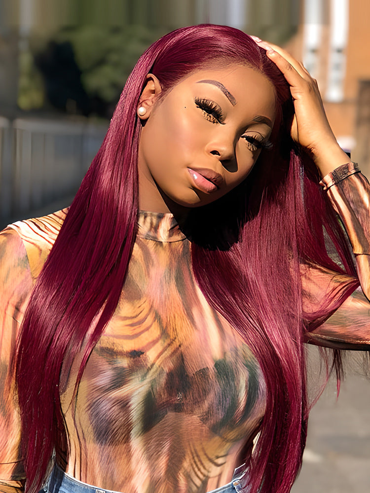 CurlyMe 99J Burgundy Color Straight Hair 13x4 Lace Front Wigs Easy Bleached Lace Wigs
