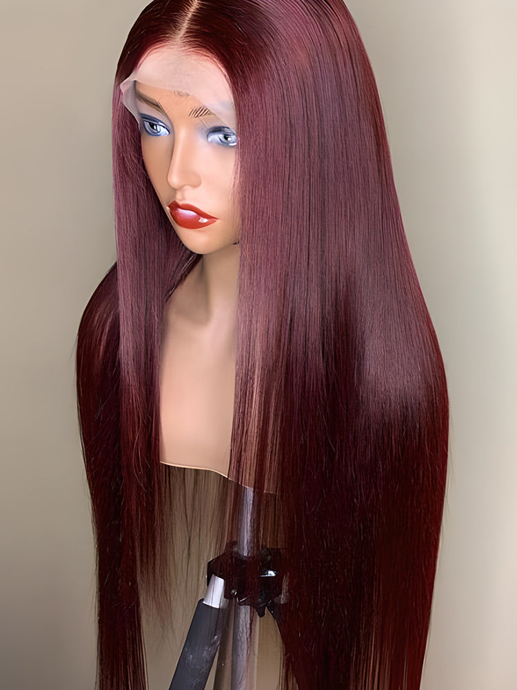 CurlyMe 99J Burgundy Color Straight Hair 13x4 Lace Front Wigs Easy Bleached Lace Wigs