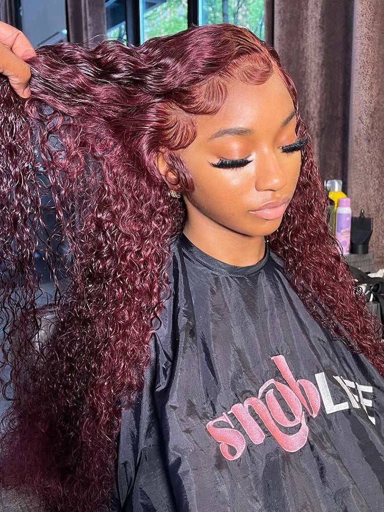 CurlyMe 99J Burgundy Color Water Wave Hair 13x4 Lace Front Wigs With Baby Hair