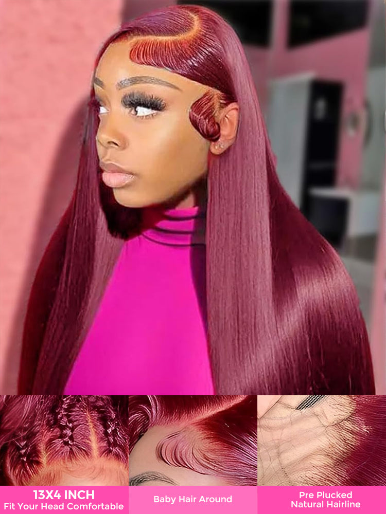 CurlyMe 99J Burgundy Color Straight Hair 13x4 Lace Front Wigs Easy Bleached Lace Wigs