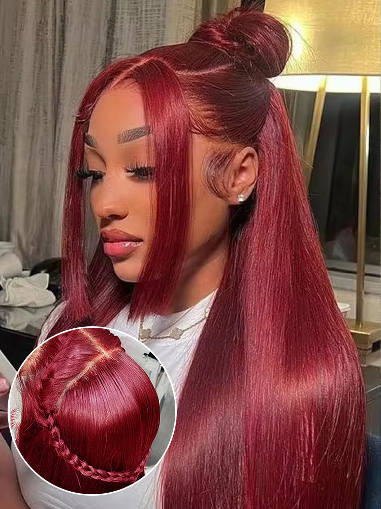 CurlyMe 99J Burgundy Color Straight Hair 13x4 Lace Front Wigs Easy Bleached Lace Wigs