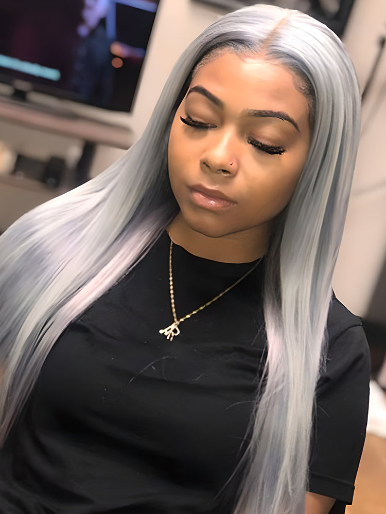 CurlyMe Ash Gray Straight Human Hair 13x4 Lace Front Wigs Silver Hair Colored Lace Wigs