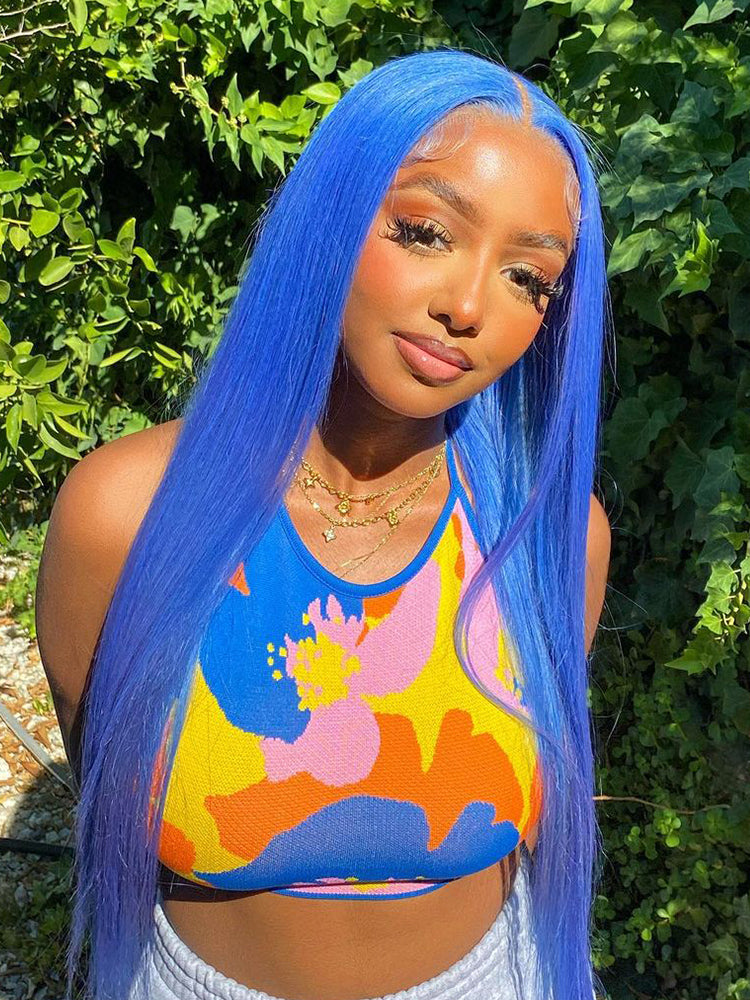 CurlyMe Gemstone Blue Colour Hair Lace Front Wigs Pre Plucked Straight Human Hair