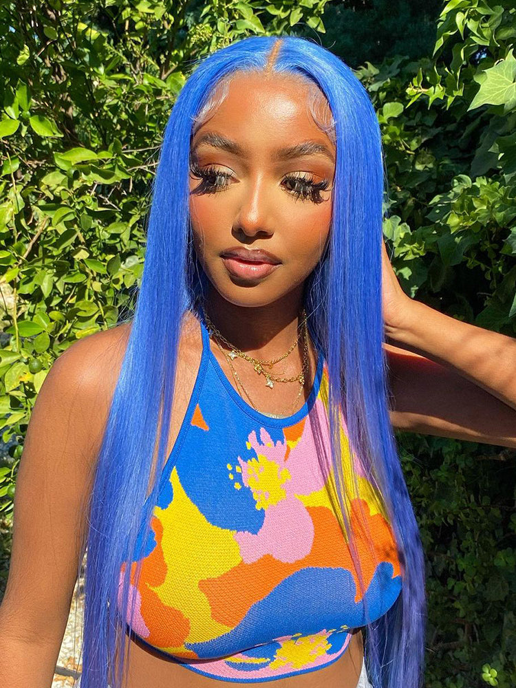 CurlyMe Gemstone Blue Colour Hair Lace Front Wigs Pre Plucked Straight Human Hair
