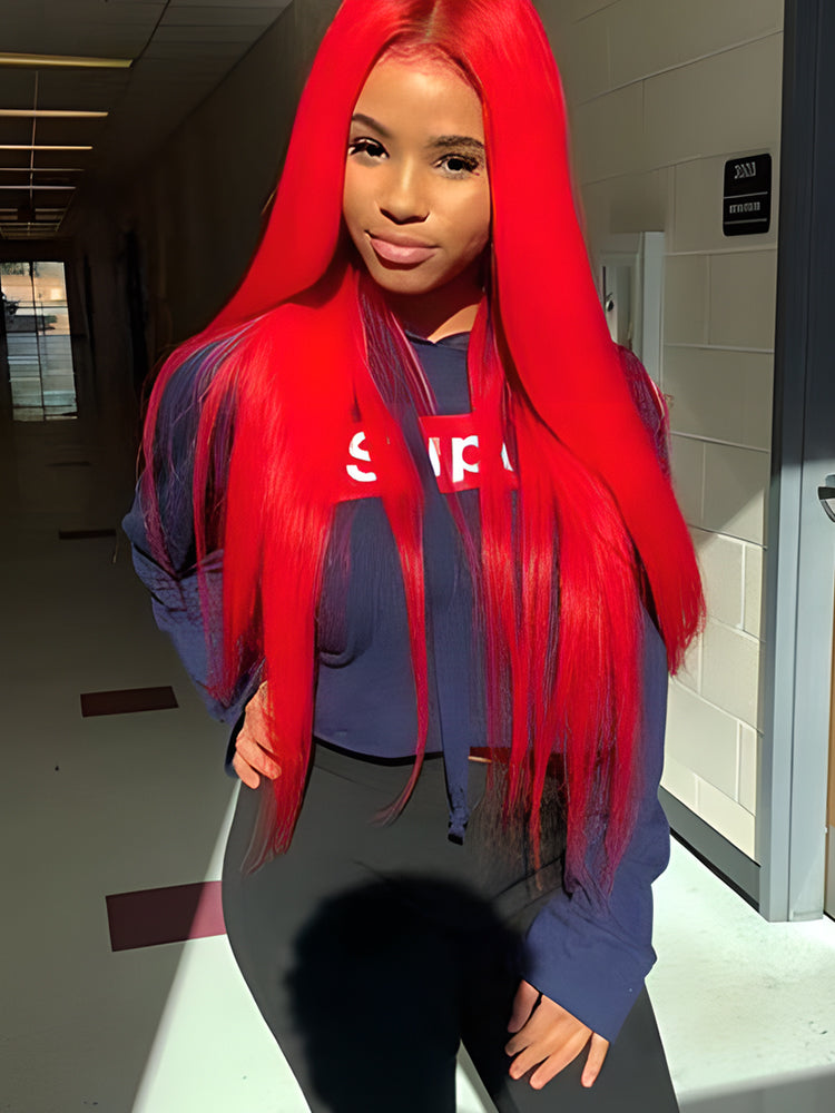 CurlyMe Bright Red Colored Straight Hair Lace Front Wigs Pre Plucked Hairline