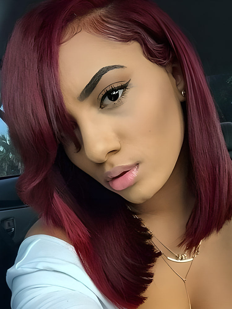 CurlyMe 99J Burgundy Color Bob Wigs Straight Short Cut Hair 13x4 Lace Front Wigs Pre Plucked