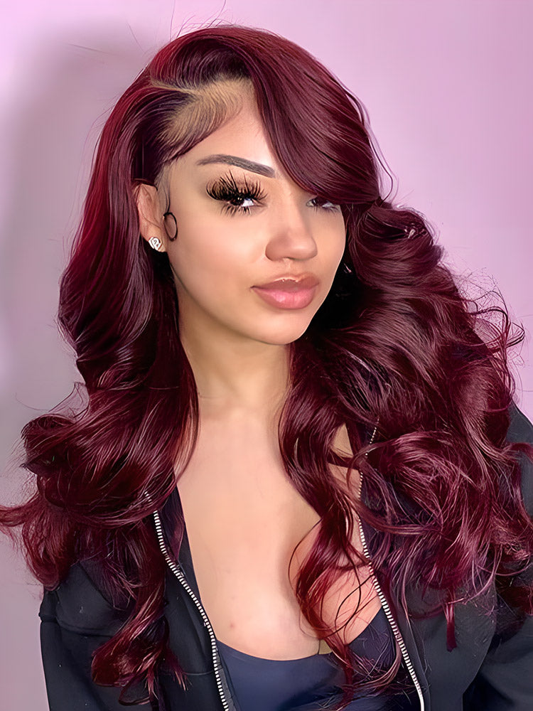 CurlyMe 99J Burgundy Color Body Wave Hair 13x4 Lace Front Wigs Pre Plucked Hairline