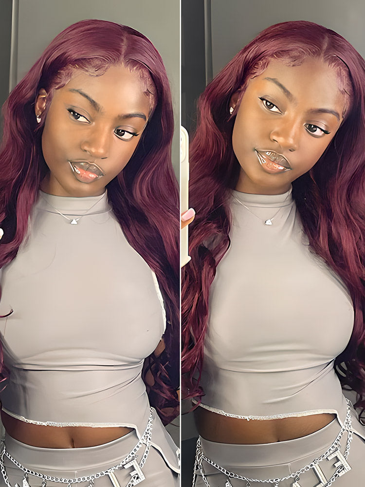 CurlyMe 99J Burgundy Color Body Wave Hair 13x4 Lace Front Wigs Pre Plucked Hairline