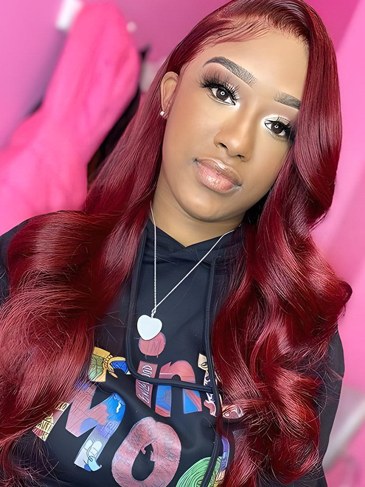 CurlyMe 99J Burgundy Color Body Wave Hair 13x4 Lace Front Wigs Pre Plucked Hairline