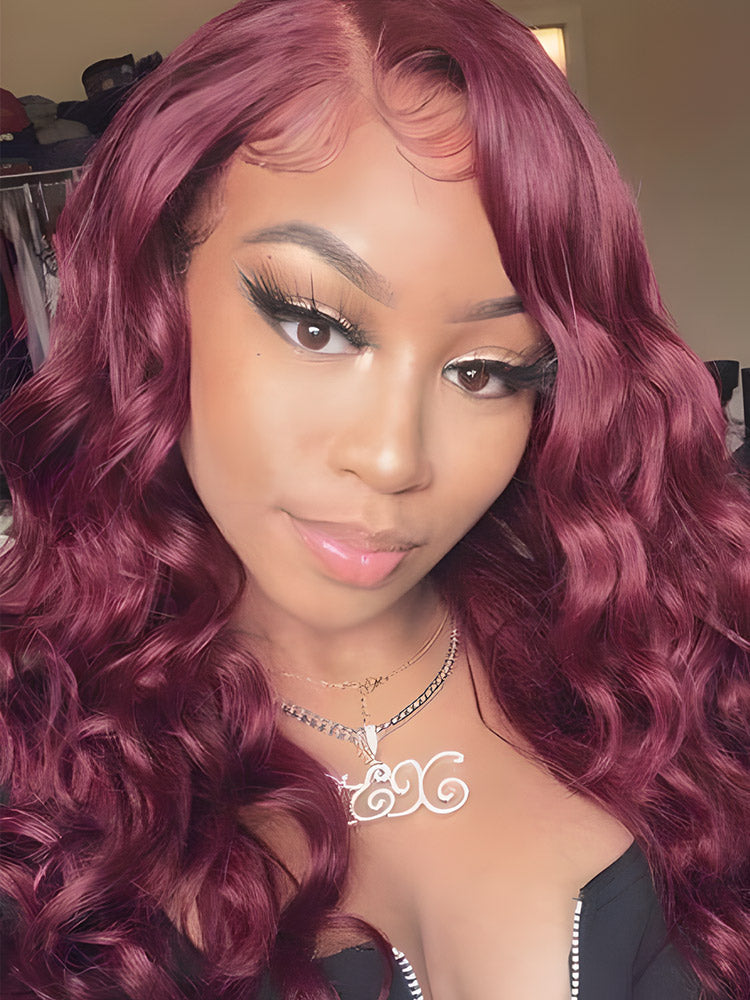 CurlyMe 99J Burgundy Color Body Wave Hair 13x4 Lace Front Wigs Pre Plucked Hairline