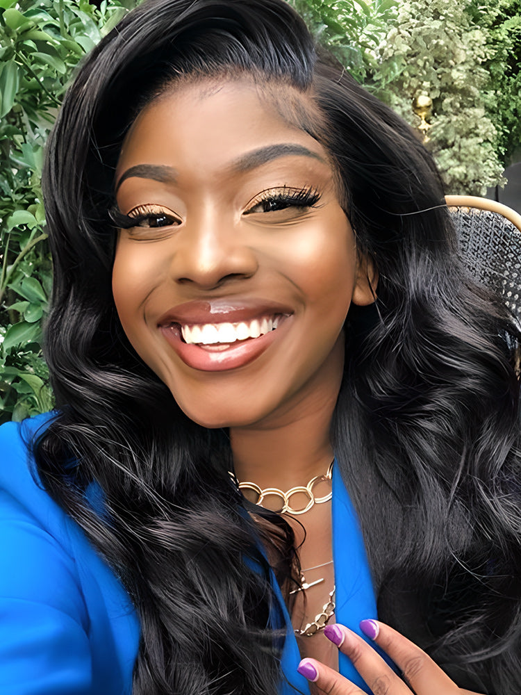CurlyMe Body Wave Natural Black Human Hair T part Lace Front Wigs With Natural Hairline