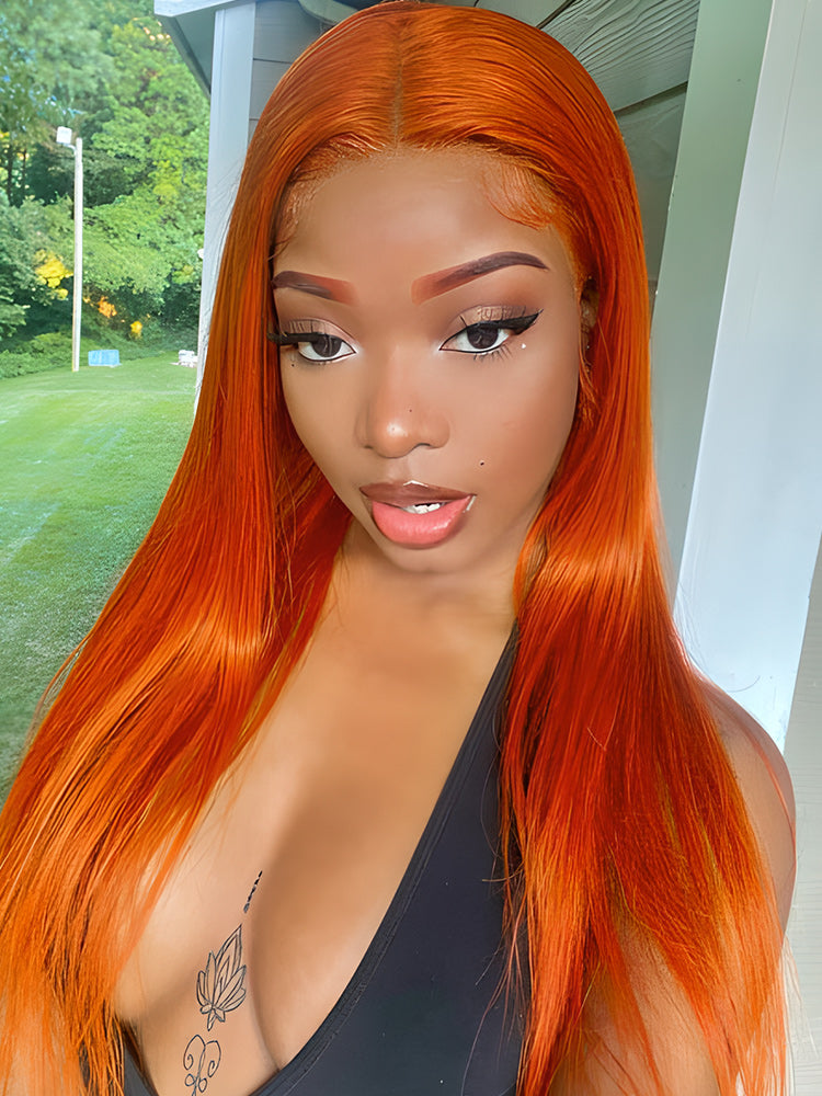 CurlyMe Bright Orange Straight Hair 13x4 Lace Front Wigs Remy Hair