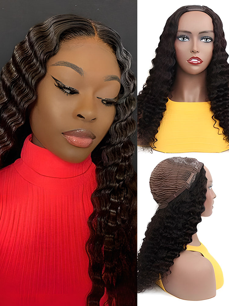 CurlyMe Deep Wave 180% Density U part Wig Human Hair Glueless No Lace Wig