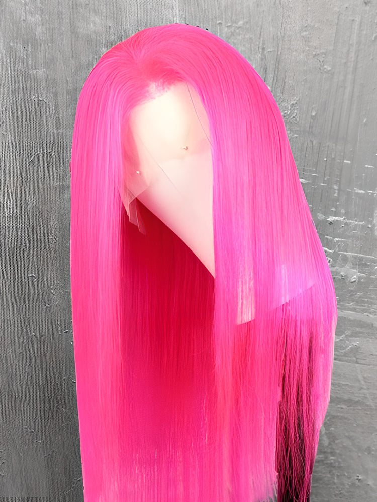 CurlyMe Hot Pink Colored Straight Human Hair 13x4 Lace Front Wigs Pre Plucked Hairline