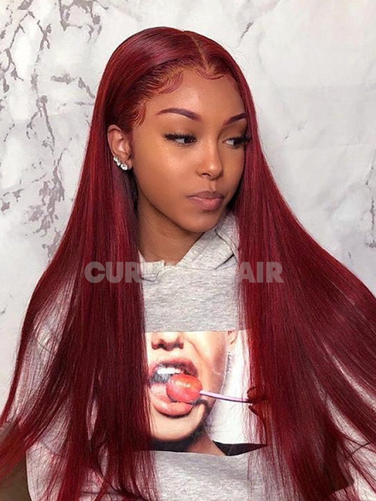 CurlyMe 99J Burgundy Color Straight Hair 13x4 Lace Front Wigs Easy Bleached Lace Wigs