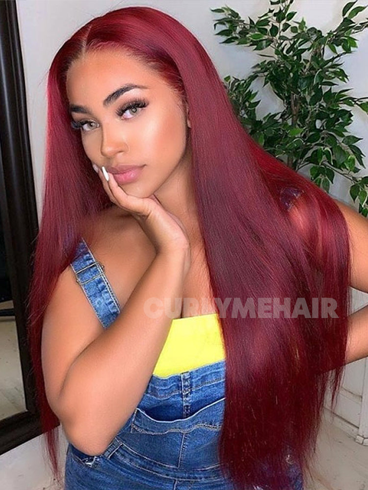 CurlyMe 99J Burgundy Color Straight Hair 13x4 Lace Front Wigs Easy Bleached Lace Wigs